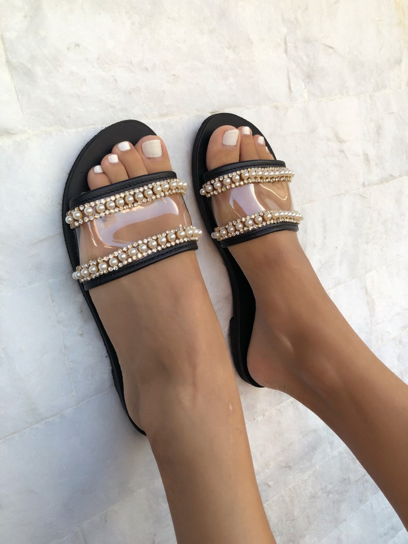 Summer Sandals Leather Sandals Women Summer Shoes Made from 100/% Genuine Leather Greek Sandals Decorated with White and Gold Pearls.