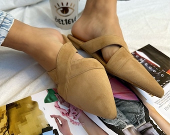 Brown Leather Mules, Women Mules, Greek Sandals, Slip On Sandals, Made from Suede.