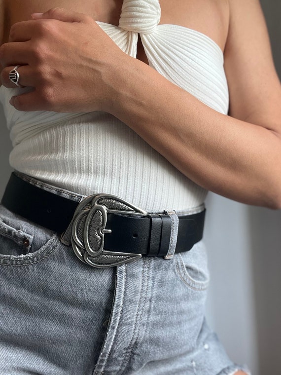 Black leather belt silver buckle womens hot sale
