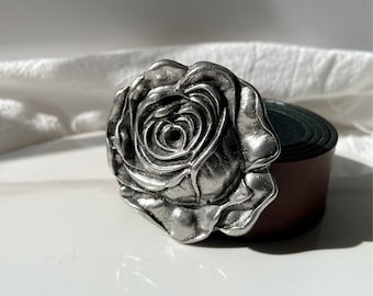 Brown Leather Belt, Women Belt Buckle, Handmade Women's Belt with Silver Rose Buckle