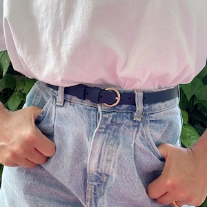 Blue Leather Belt for Women with Gold Buckle – 2cm Slim Genuine Leather Belt – Handmade Minimal Belt for Jeans or Dresses