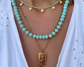 Turquoise Necklaces, Beaded Necklace, Turquoise Layered Necklace, Beaded Pendant, Gold Stainless Steel Chains.
