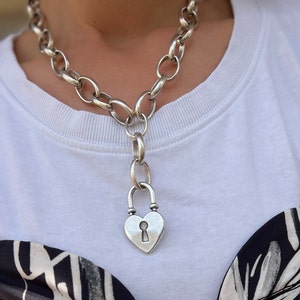 Silver Heart Lock Necklace, Long Heart Necklace, Wide Silver Chain Necklace, Chunky Chain, Gift for Her, Made in Greece.