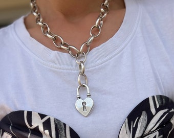 Silver Heart Lock Necklace, Long Heart Necklace, Wide Silver Chain Necklace, Chunky Chain, Gift for Her, Made in Greece.