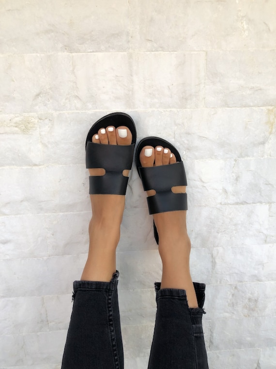 Leather Sandals, Black Leather Sandals, Women's Sandals, Leather Slides  Sandals, Slip on Sandals, Summer Shoes, Made From Genuine Leather. 