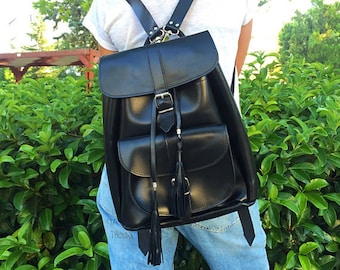 Black Leather Backpack, Women Backpack, Handmade Backpack, Small Backpack, Leather Rucksack, Made from Full Grain Leather - LARGE.