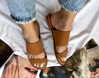 Soft Leather Sandals, Brown Sandals, Greek Sandals, Slides Sandals, Gift for Her, Made by 100% Genuine Leather in Greece.