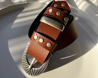 Brown Leather Belt, Women Belt, Studded Belt, Boho Belt Buckles, Made in Greece