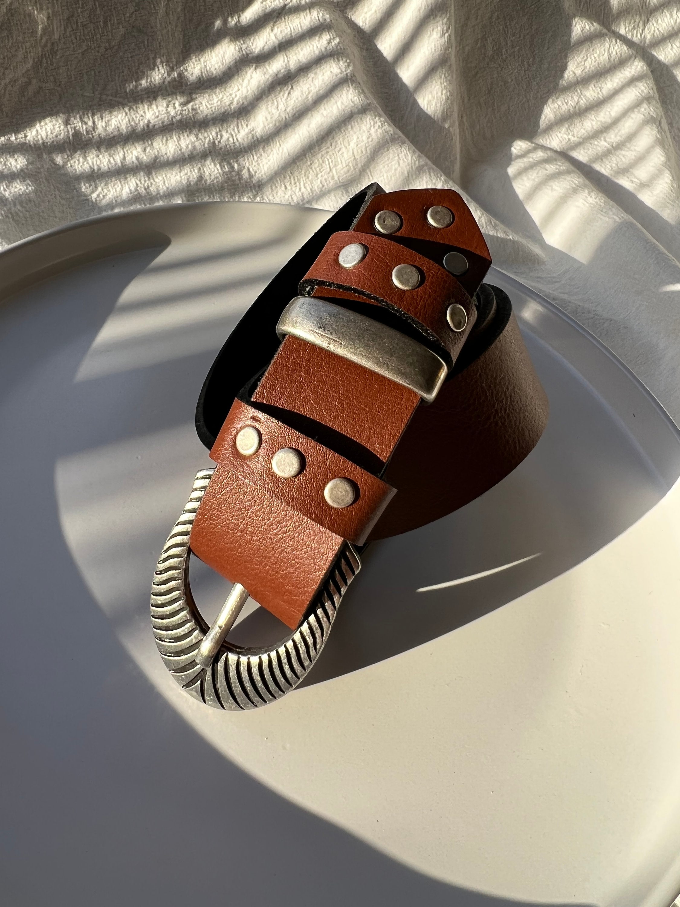 Brown Leather Belt Women, Studded Belt, Boho Buckles, Made  display picture 1