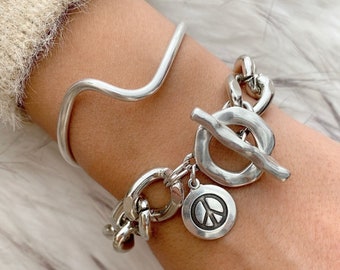 925 Sterling Silver Peace Bead Charm Wrap Leather Bracelet Unisex 