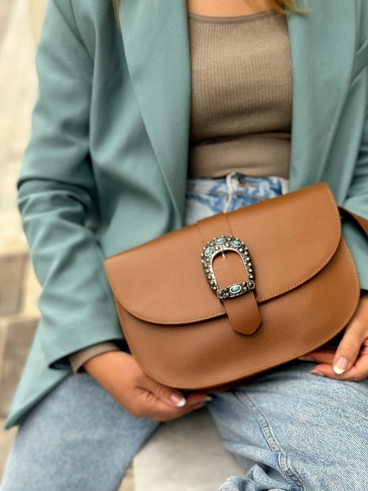 Brown Crossbody Bag, Leather Shoulder Bag, Brown Handbag Purse, Gift for Her, Full Grain Leather - Lucky Horseshoe