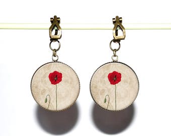 Clips d’oreilles bronze *Joli coquelicot* avec cabochons en résine