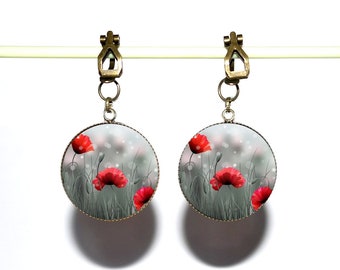 Clips d’oreilles bronze avec cabochons en résine * Coquelicots sous la rosée *