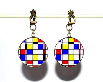 Clips d’oreilles bronze avec cabochons synthétiques * Mondrian *