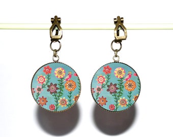 Pendientes de bronce con cabujones de resina *Flores multicolores*