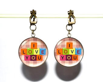 Clips d’oreilles bronze avec cabochons en résine * I love you *