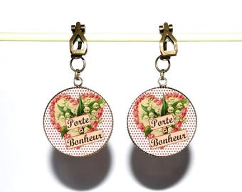 Clips d’oreilles bronze avec cabochons en résine * Porte-bonheur *