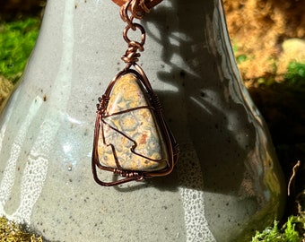 Leopard skin jasper copper wrapped necklace pendant