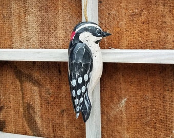 Hand Carved Bird Ornament ( Downy WoodPecker)