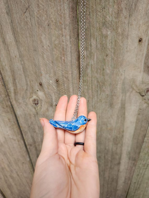 Hand Carved Wooden Bluebird Necklace - Sterling Silver Plated