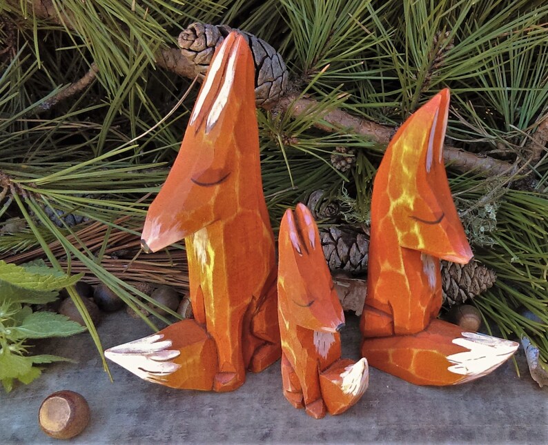 Fox Wood Carved Forest Animal Set Fox Family Etsy