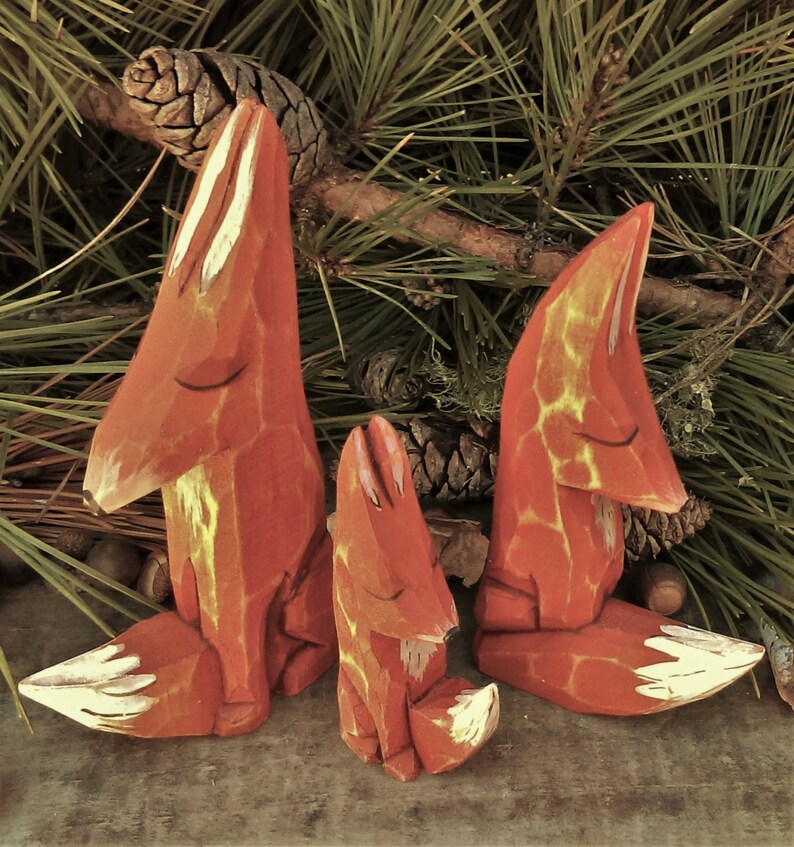 Fox Wood Carved Forest Animal Set Fox Family Etsy
