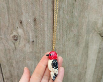 Hand Carved Red Headed Woodpecker Necklace