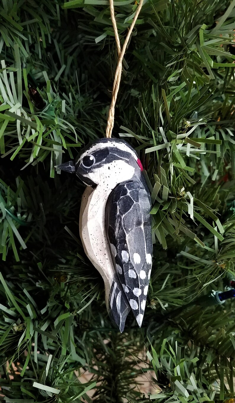 Hand Carved Bird Ornament Downy Woodpecker Etsy
