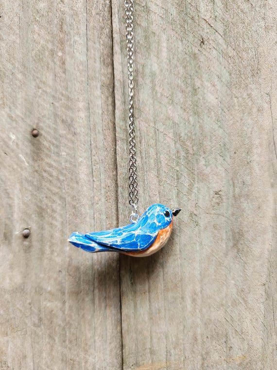 Hand Carved Wooden Bluebird Necklace - Sterling Silver Plated