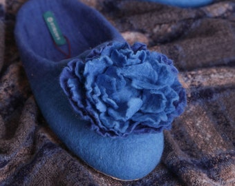 Hausschuhe Kirgisische Handgemachte Weiche Merino Wolle Filz Slip-On Blaue Pfingstrose Blume