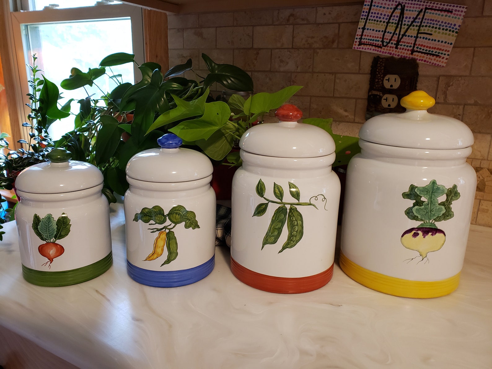 Canister Set White Ceramic Sealed Hand Painted Vegetables Peas Etsy