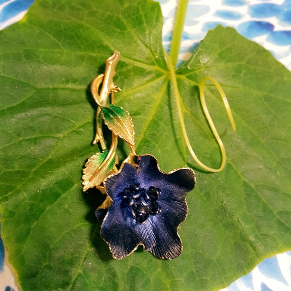 Vintage Flower Brooch Gold tone edged petals Long stem Carved Deep Blue Gold Tone Lapel Pin Lovely Gift for Her Hard to Find Fun to Have