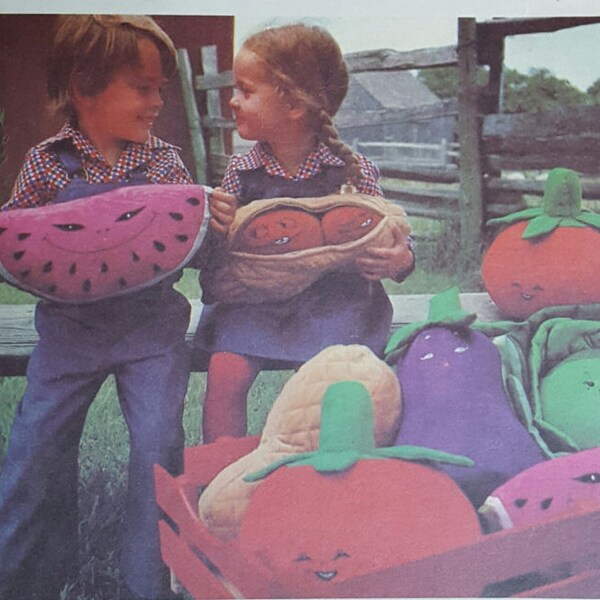 Vegetable Toy Pillow Craft Pattern Vogue 1970s Uncut Toy Pattern 1566 Cabbage Tomato Asparagus Watermelon Eggplant Peanut HTF Fun to Have