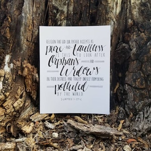 Hand Lettered Adoption Print, James 1:27, 8x10, Christian Foster Parent, Caring for Orphans, Minimalist, Scripture, Bible Verse