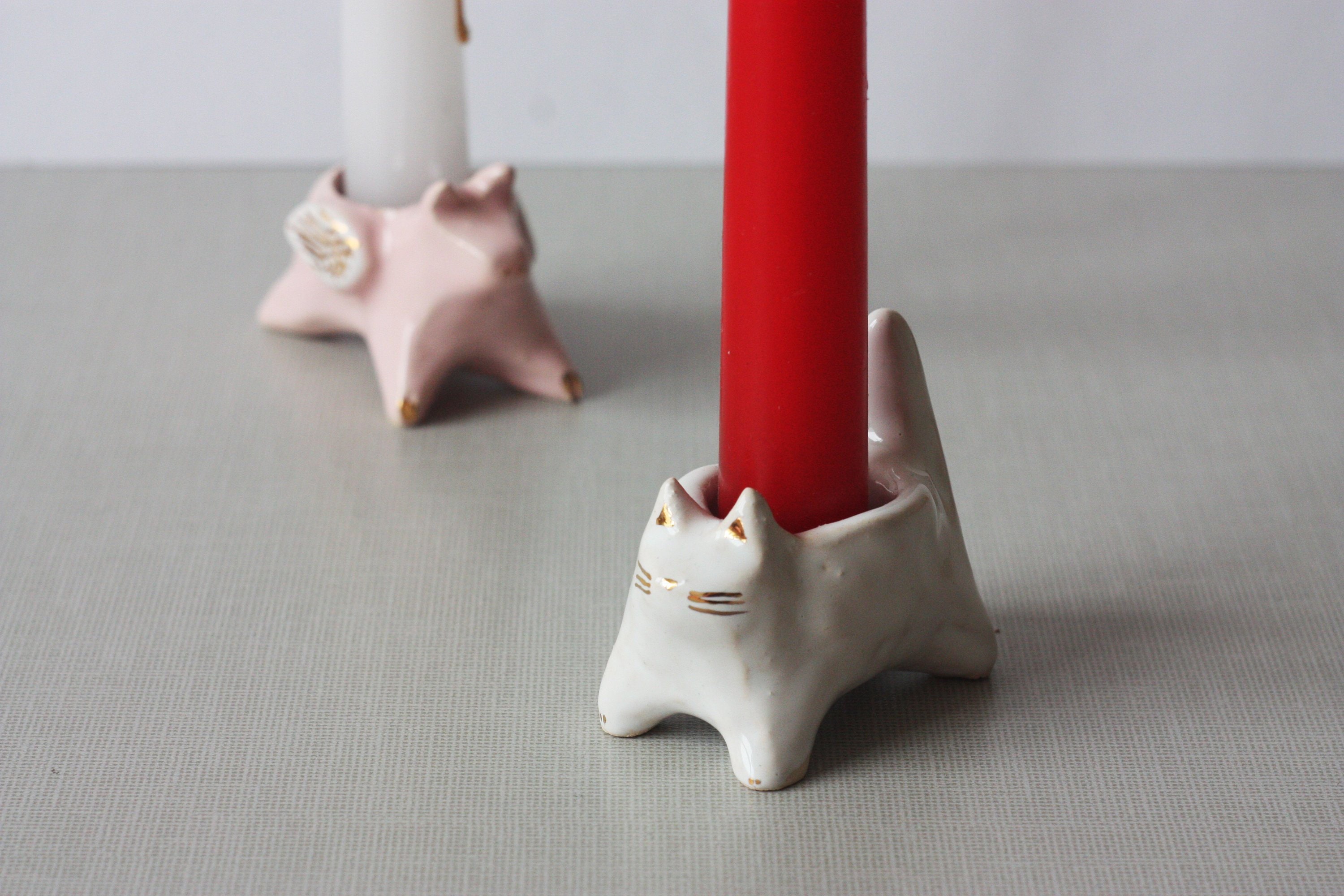 Ceramic Cat Candle Holder/ Antique Candlesticks/ White Cat Etsy