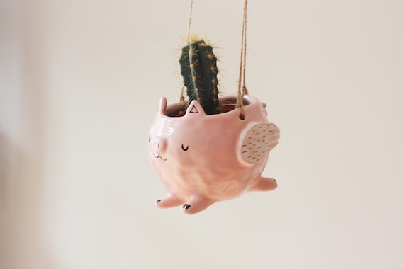Small Ceramic Hanging Planter/ Ceramic Hanging Pot/ Flying Pig | Etsy