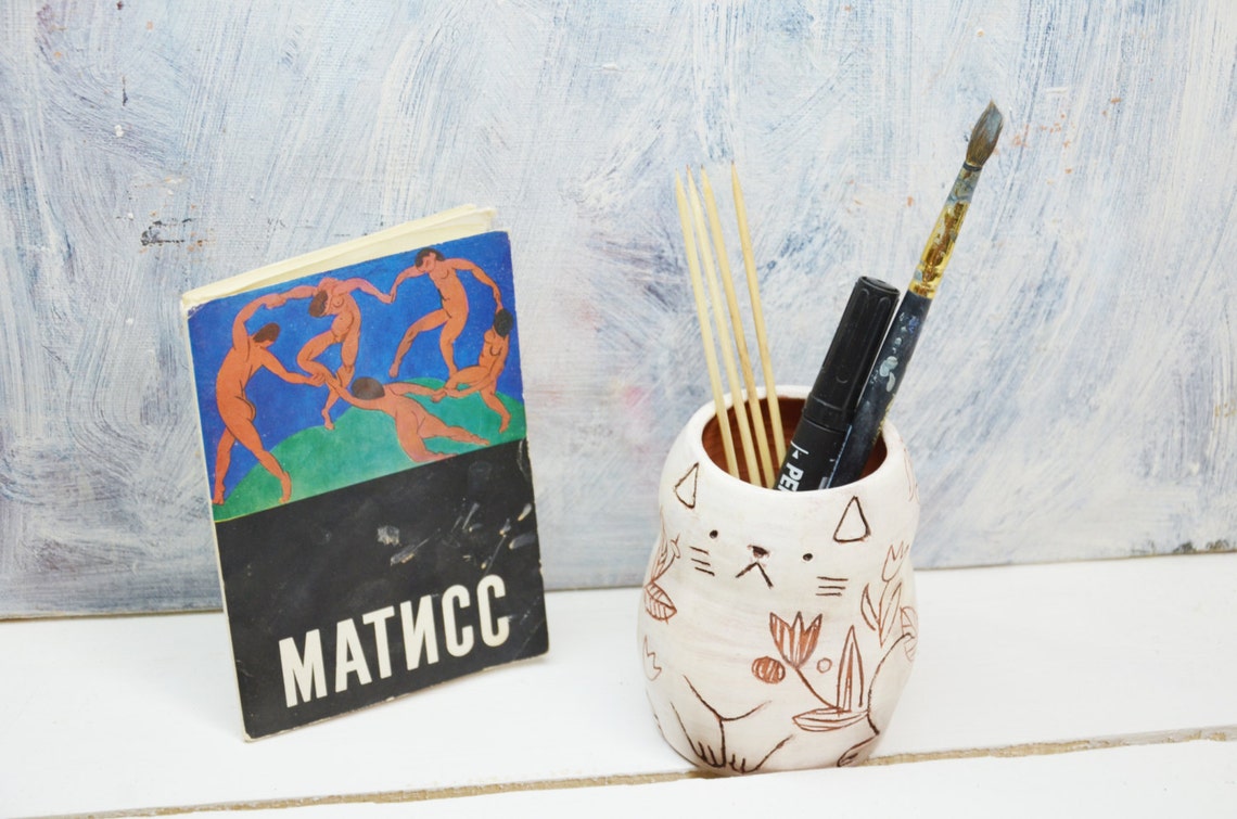 Cat Pen Holder/ Cat Cup/ Ceramic Pencil Holder/ Cat Makeup Etsy