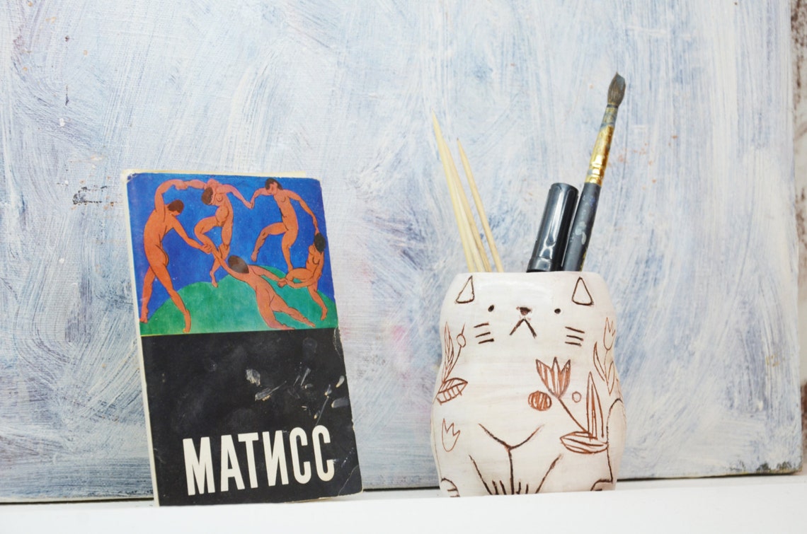 Cat Pen Holder/ Cat Cup/ Ceramic Pencil Holder/ Cat Makeup Etsy