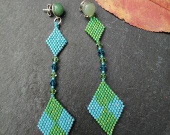 Earrings for woman with Aventurine Beads Swarovski blue green handmade Brick stitch Modern pendant earrings Nickel free Gift idea for her