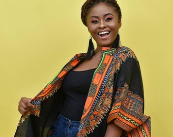 African Clothing For Women Plus Size | Dashiki Kimono in Black and Orange | Plus Size Ankara Top | African Gift for Mom | Oversized Dashiki