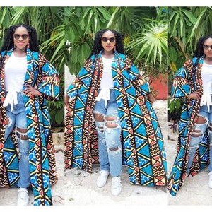 African Clothing for Women | Full Length Ankara Print Kimono Duster | African Print Duster Jacket with POCKETS | Long Oversized Kimono Robe
