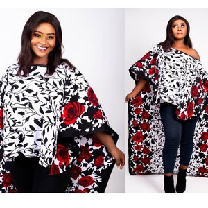 African Clothing For Women Plus Size Available | Ankara Cape Top | High Low Statement Top in red and white | African Print Hi-Low Top