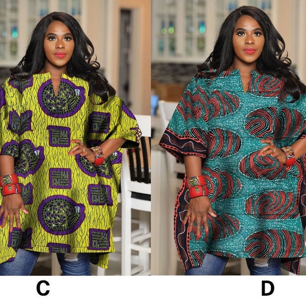 African Tops For Women Plus Size | Oversized Kaftan Tunic | Patchwork Ankara Kimono | Loose Fit Split Neck Blouse Boho