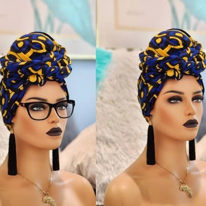 African Head Wraps For Women Royal Blue and Gold | Ankara Headwrap | Headpiece | Protective Styling Scarf | Hippie