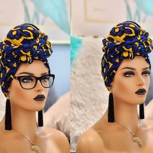 African Head Wraps For Women in Blue and Gold