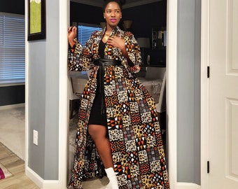 African Print Kimono Jacket with POCKETS for Women | Long Ankara Oversized Duster | Full Length Black Mudcloth Maxi Dress Robe Plus Size