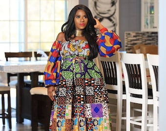 African Dresses for Women | Ankara Patchwork Off shoulder Maxi Dress  | Plus Size African Dress | Colorful African Dress