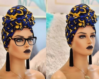 African Head Wraps For Women Royal Blue and Gold | Ankara Headwrap | Headpiece | Protective Styling Scarf | Hippie