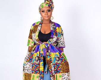 Patchwork African Kimono Women with Side POCKETS Plus Size | Full Length African Print Jacket | Green Pink Kimono Long | Duster Ankara Robe