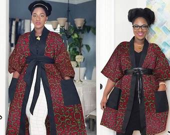 Red African Print Kimono Duster for Women Plus Size | Ankara Robe | Full Length Oversized Kimono with pockets | Long Bohemian Kimono